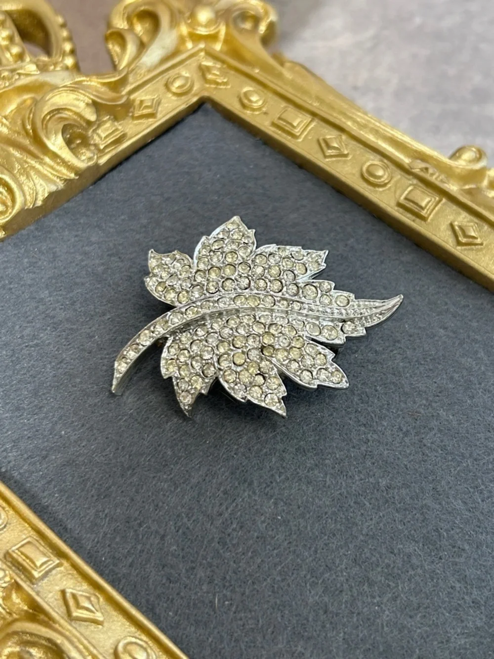 Crystal Leaf Brooch Pin - Clear Rhinestone Accent